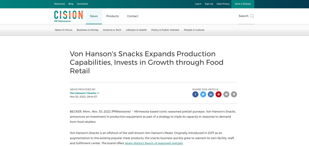 Von Hanson's Snacks Expands Production Capabilities, Invests in Growth through Food Retail
