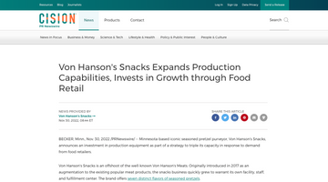 Von Hanson's Snacks Expands Production Capabilities, Invests in Growth through Food Retail
