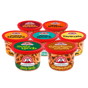 7 Pretzel flavors in a hexagon shaped box.